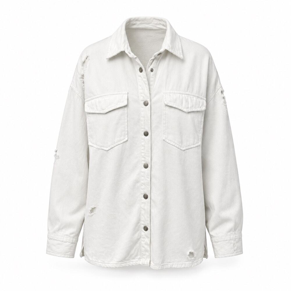 Zara Off-White Distressed Oversized Utility Shacket Size Medium Capsule Wadrobe